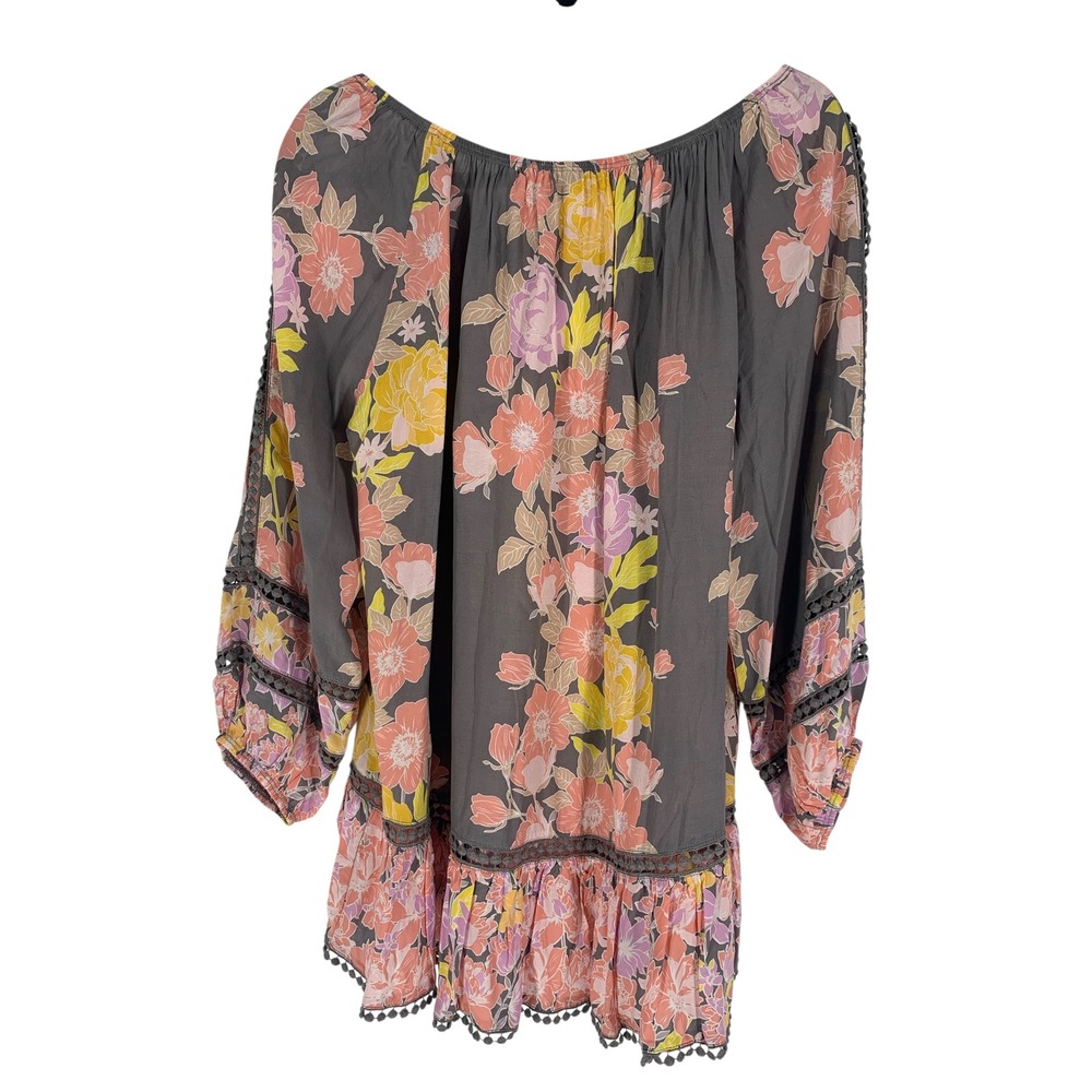 Fever Large Gray Floral Off Shoulder Boho Peasant Top NWT